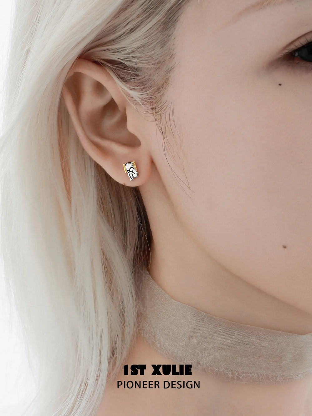 1ST XULIE "Cat's Gaze" Asymmetrical Human and Cat Stud Earrings in 925 Sterling Silver - Side View