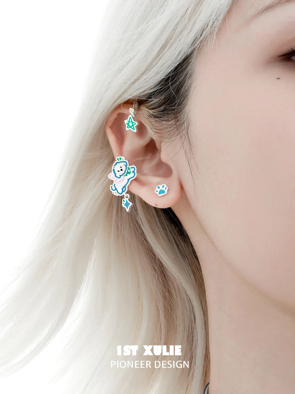 1ST XULIE "Angel Cuties" Asymmetrical Kitten & Puppy Ear Wraps in Platinum Plated - Angle View