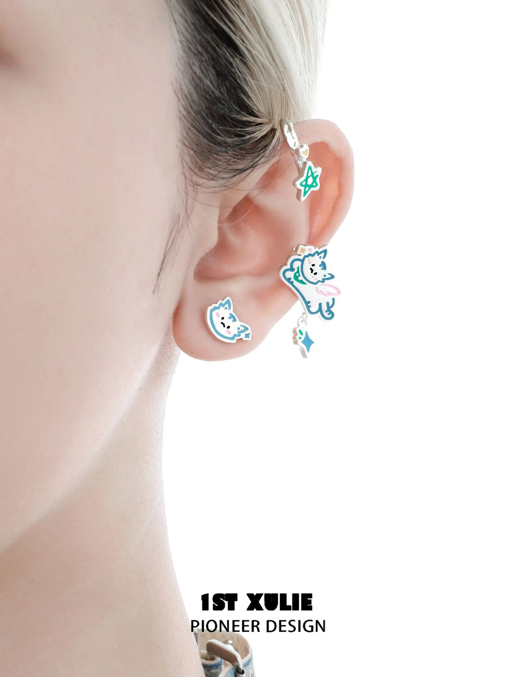 1ST XULIE "Angel Cuties" Asymmetrical Kitten & Puppy Ear Wraps in Platinum Plated - Angle View