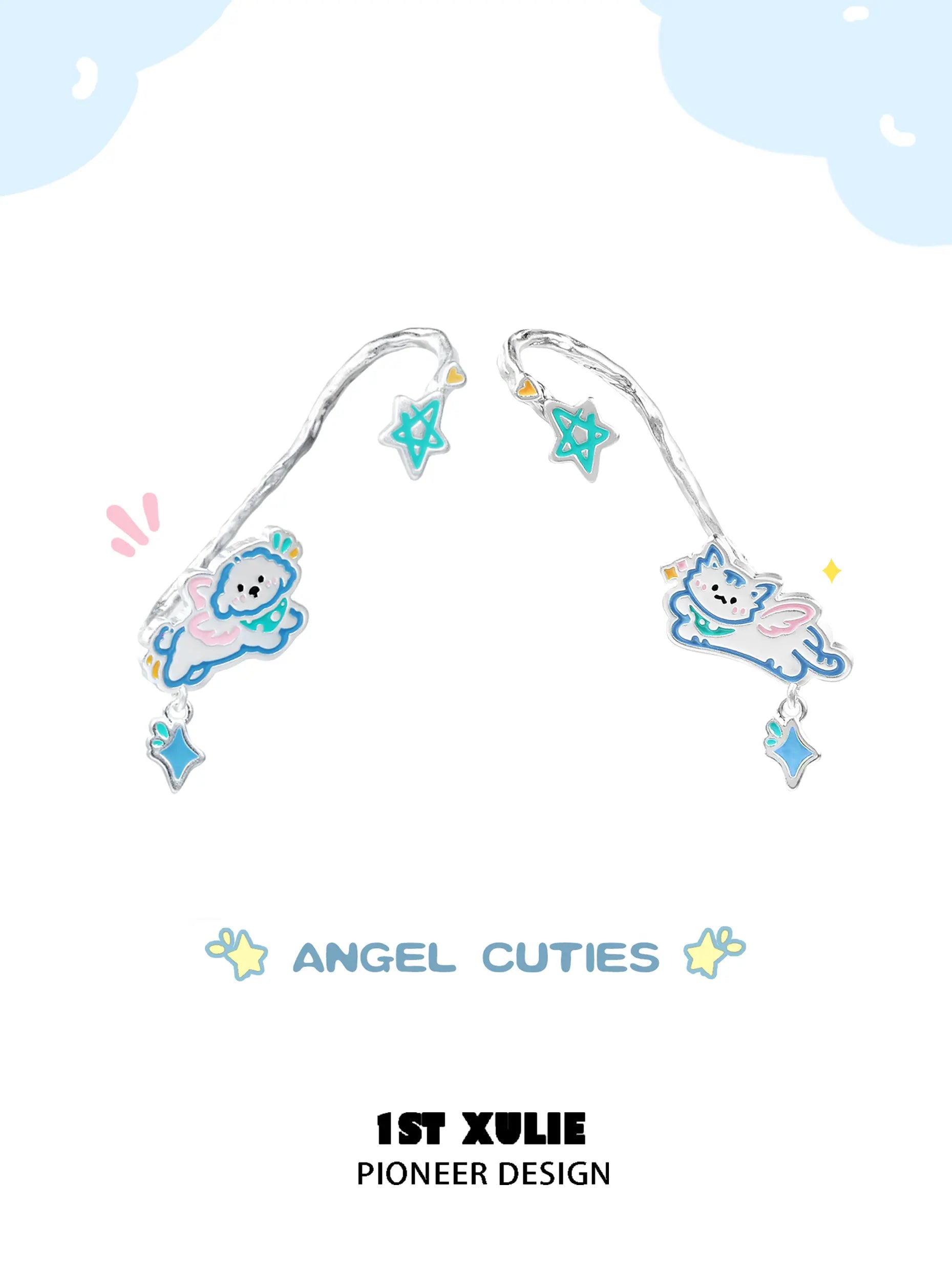 1ST XULIE "Angel Cuties" Asymmetrical Kitten & Puppy Ear Wraps in Platinum Plated - Back View