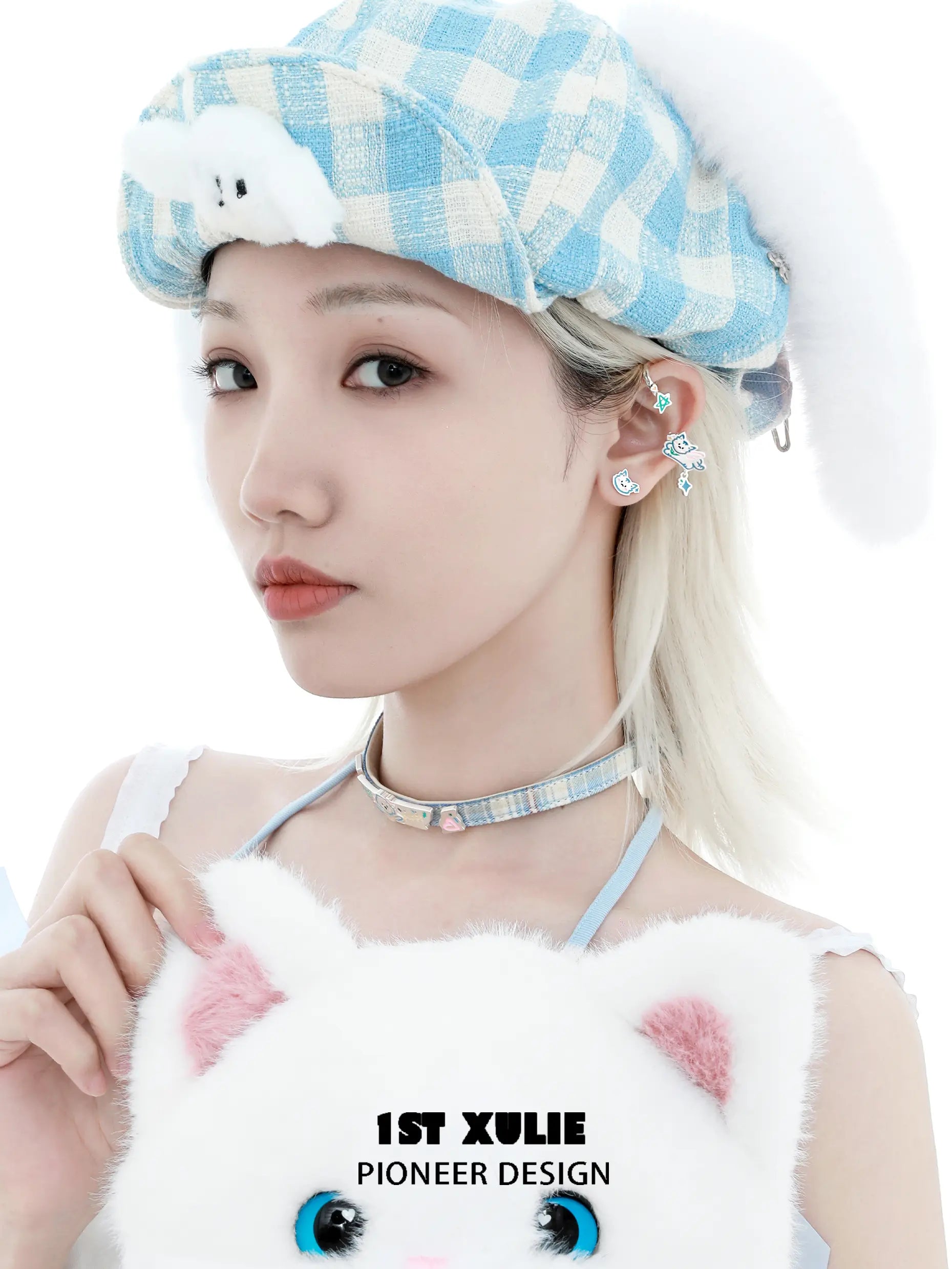 1ST XULIE "Angel Cuties" Asymmetrical Kitten & Puppy Ear Wraps in Platinum Plated - Lifestyle Shot