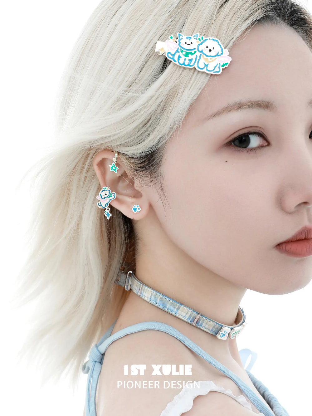 1ST XULIE "Angel Cuties" Asymmetrical Kitten & Puppy Ear Wraps in Platinum Plated - Product View
