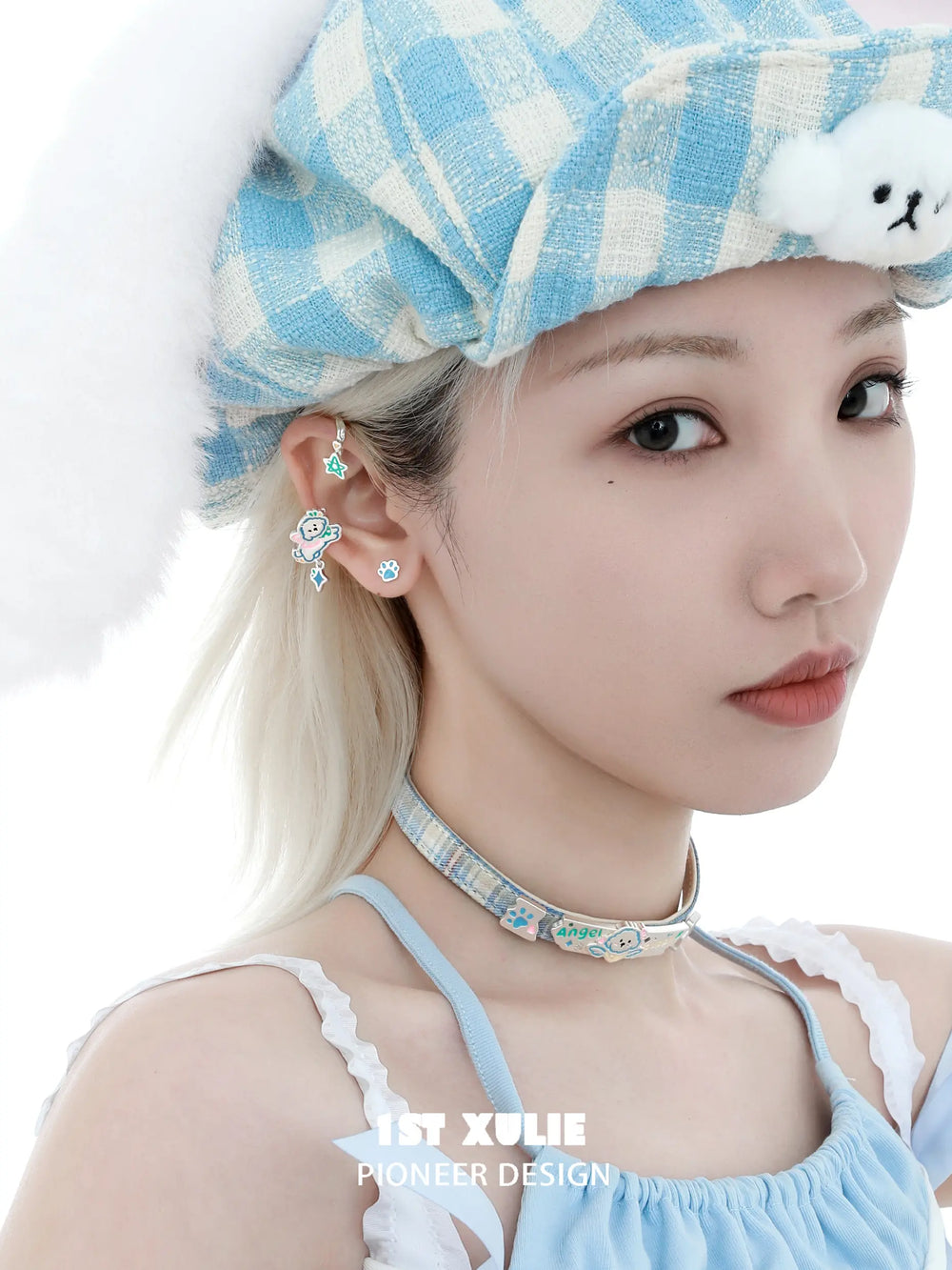 1ST XULIE "Angel Cuties" Asymmetrical Kitten & Puppy Ear Wraps in Platinum Plated - On Model