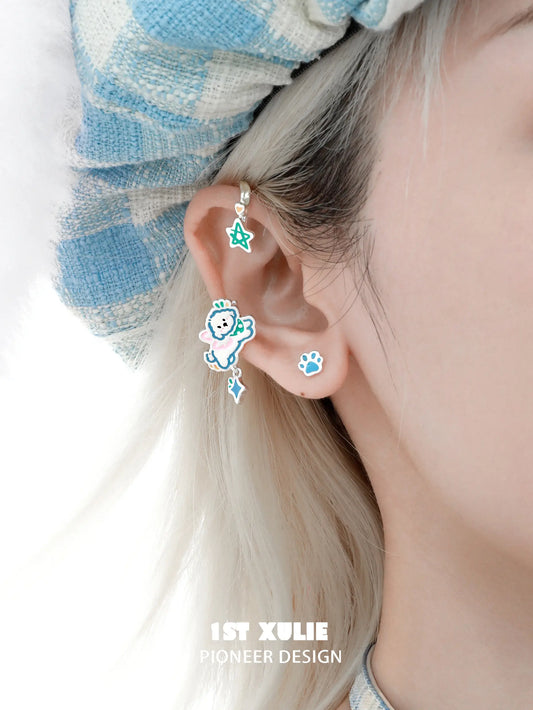 1ST XULIE "Angel Cuties" Asymmetrical Kitten & Puppy Ear Wraps in Platinum Plated - On Model Close Up