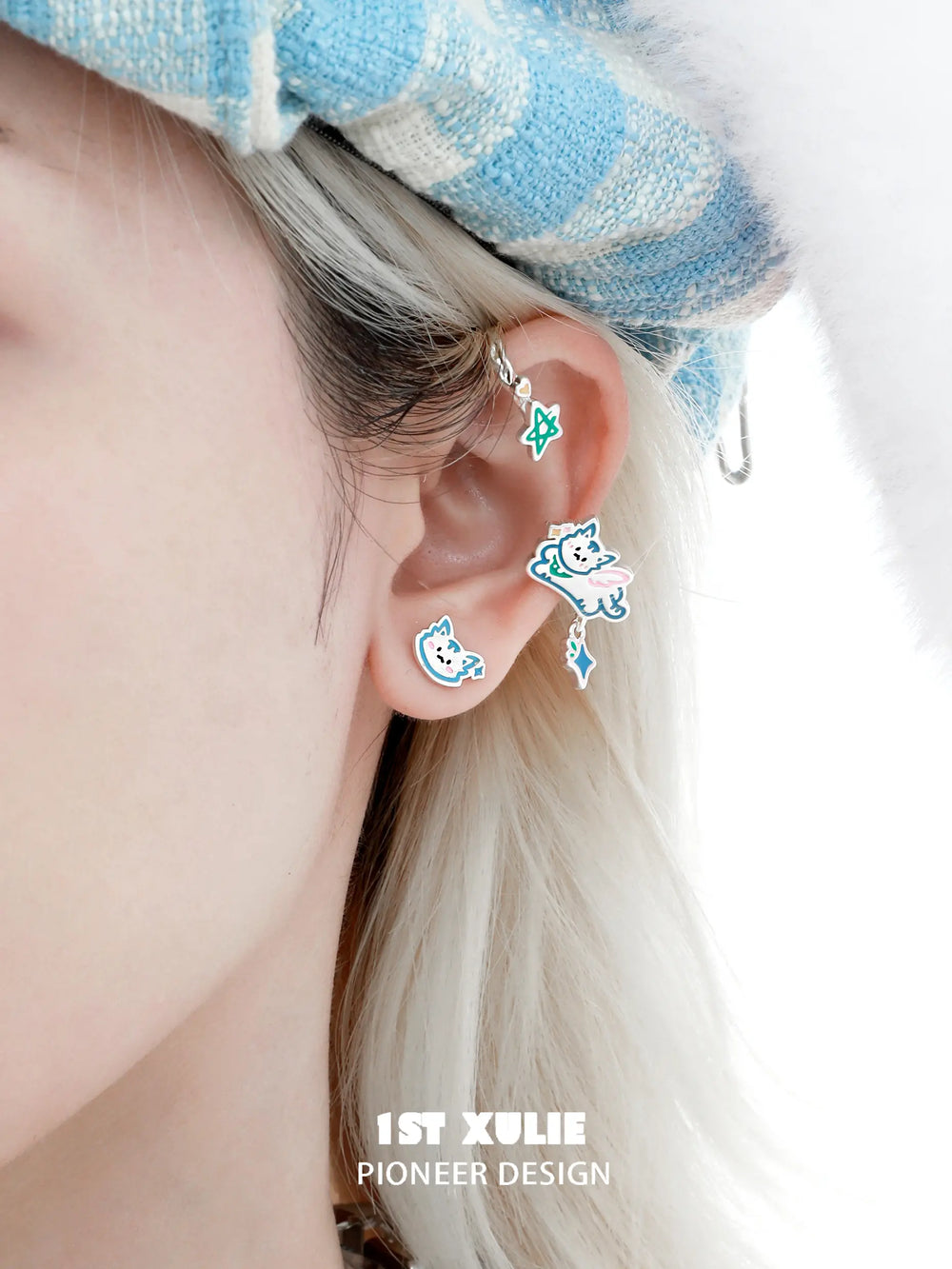 1ST XULIE "Angel Cuties" Asymmetrical Kitten & Puppy Ear Wraps in Platinum Plated - Packaging View