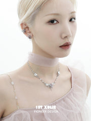 1ST XULIE "Taboo Rose" Asymmetrical Knitted Rose Tassel Ear Cuffs in Platinum Plated - Side View