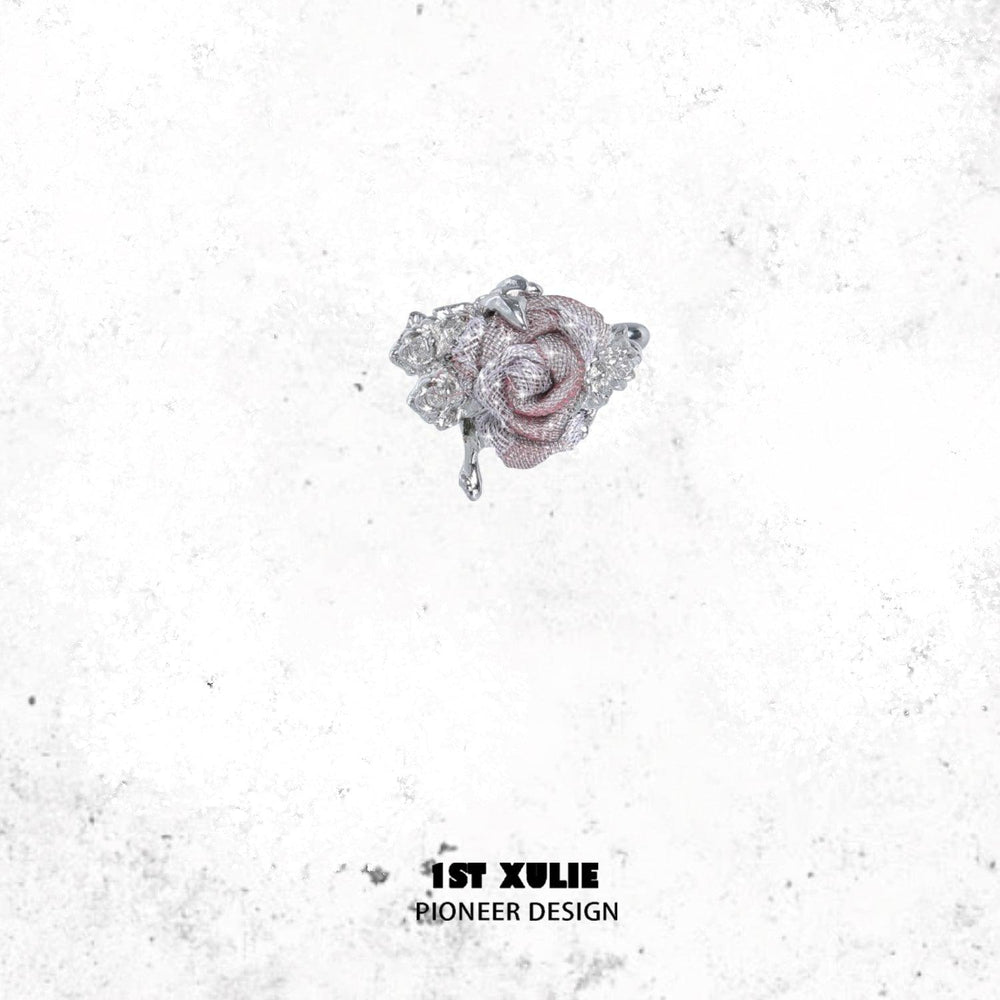 1ST XULIE "Taboo Rose" Asymmetrical Knitted Rose Tassel Ear Cuffs in Platinum Plated - Back View