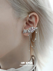 1ST XULIE "Taboo Rose" Asymmetrical Knitted Rose Tassel Ear Cuffs in Platinum Plated - Lifestyle Shot