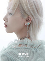 1ST XULIE "Taboo Rose" Asymmetrical Knitted Rose Tassel Ear Cuffs in Platinum Plated - Product View