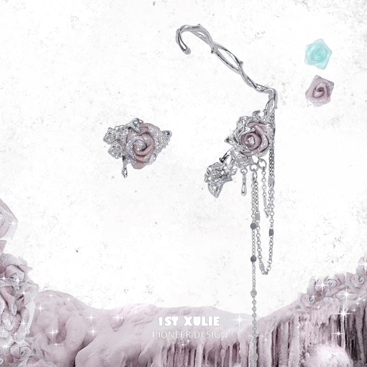 1ST XULIE "Taboo Rose" Asymmetrical Knitted Rose Tassel Ear Cuffs in Platinum Plated - On Model Close-Up