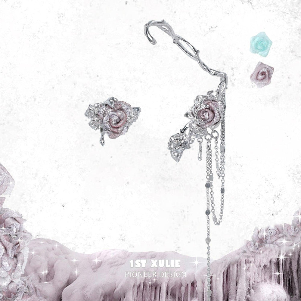 1ST XULIE "Taboo Rose" Asymmetrical Knitted Rose Tassel Ear Cuffs in Platinum Plated - On Model Close-Up