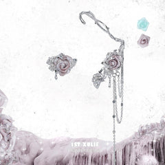 1ST XULIE "Taboo Rose" Asymmetrical Knitted Rose Tassel Ear Cuffs in Platinum Plated - On Model Close-Up