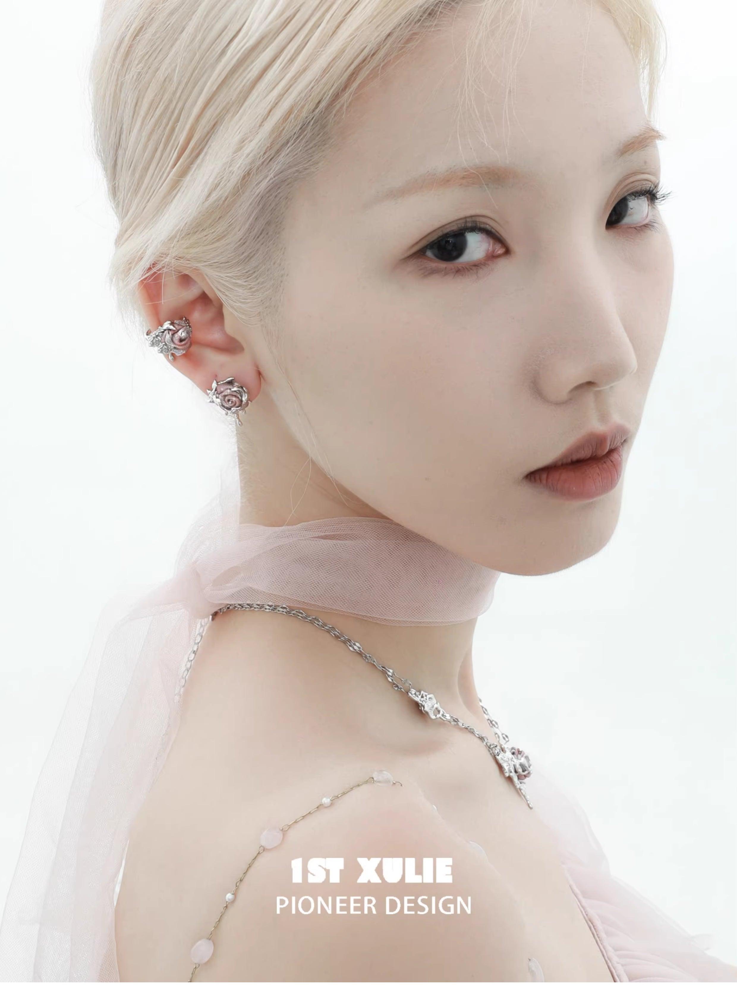 1ST XULIE "Taboo Rose" Asymmetrical Knitted Rose Tassel Ear Cuffs in Platinum Plated - On Model Front View