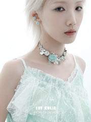 1ST XULIE "Taboo Rose" Asymmetrical Knitted Rose Tassel Ear Cuffs in Platinum Plated - Product View of Both Pieces