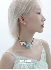 1ST XULIE "Taboo Rose" Asymmetrical Knitted Rose Tassel Ear Cuffs in Platinum Plated - Size Comparison