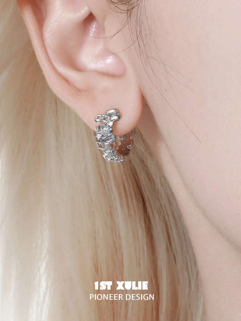 1ST XULIE Jewelry "THE SEA" Asymmetrical Ocean Wave Huggie Hoop Earrings - Side View
