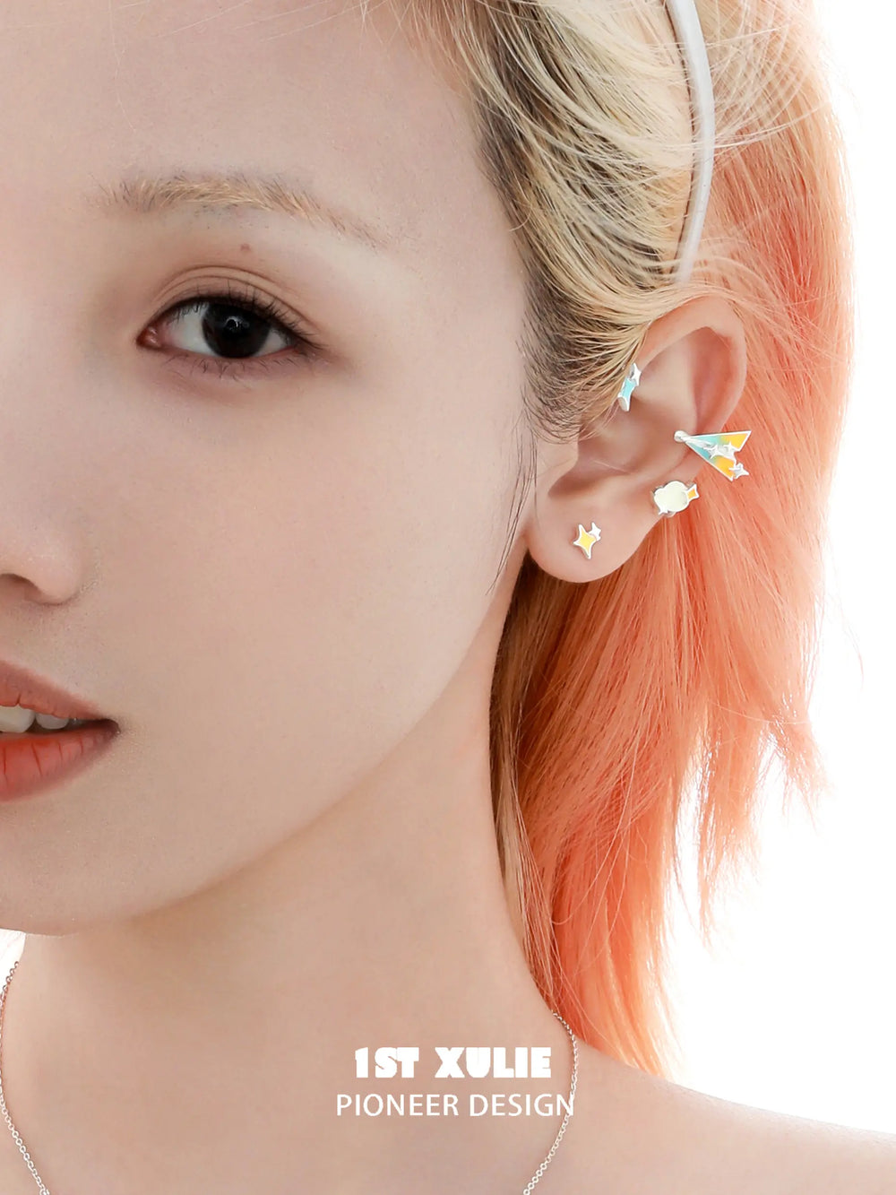 1ST XULIE Jewelry "Juicy Flight" Asymmetrical Paper Airplane Ear Climber in Platinum Plated - Detail Shot