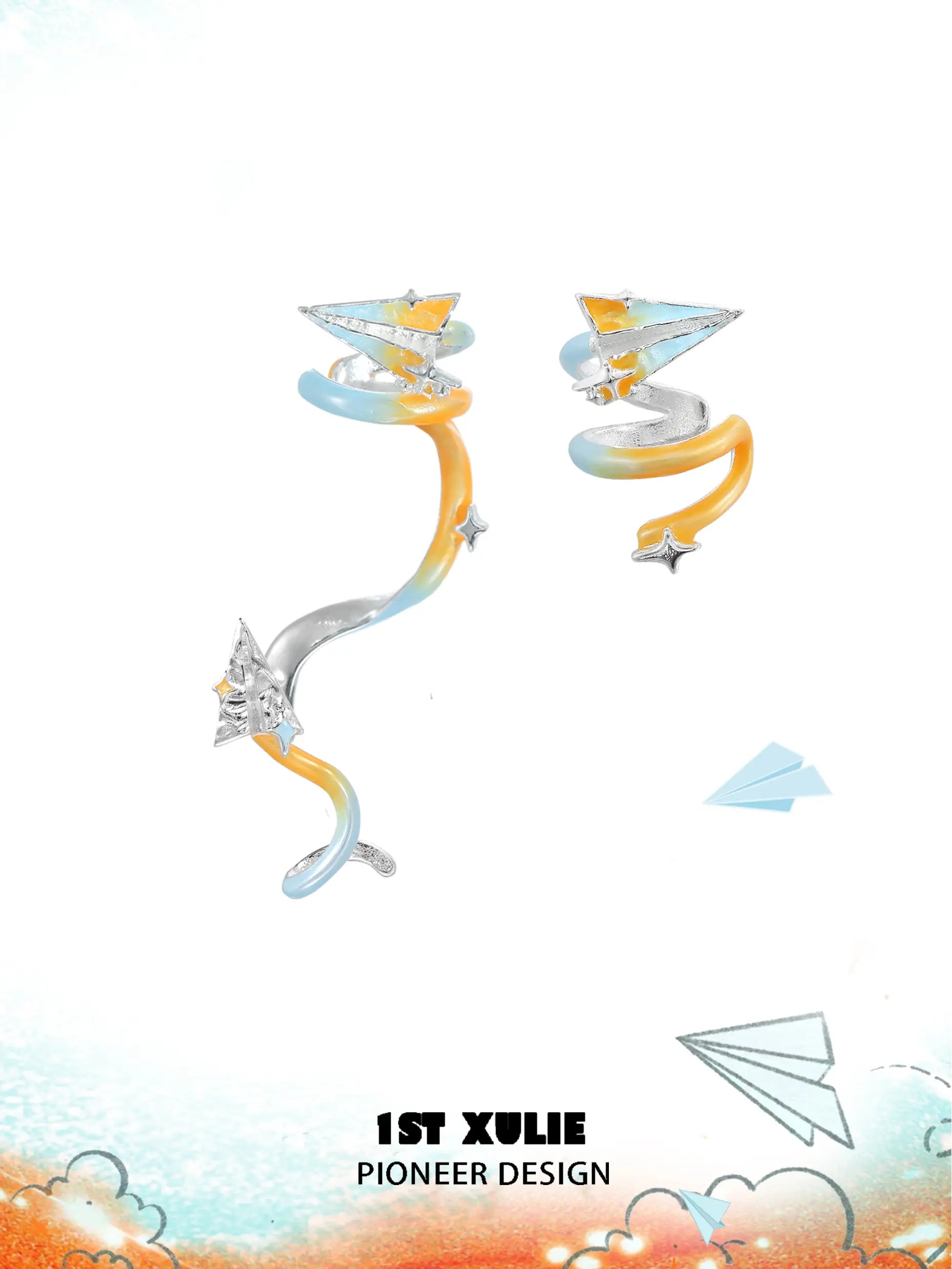 1ST XULIE "Juicy Flight" Asymmetrical Paper Plane Crawler & Cuff Earrings in Platinum Plated - On Model