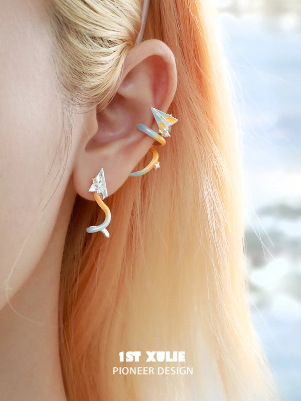 "Juicy Flight" Platinum Plated Asymmetrical Paper Plane Ear Climber Earrings, Statement Ear Cuff Set