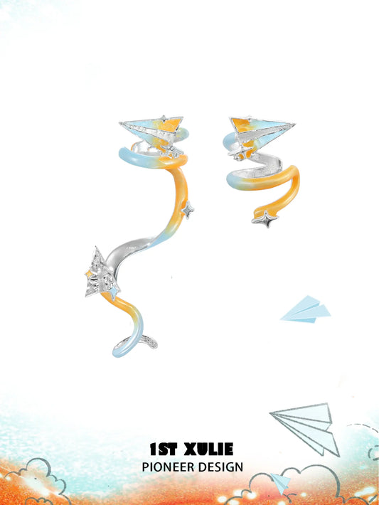 1ST XULIE "Juicy Flight" Asymmetrical Paper Plane Ear Climber Earrings in Platinum Plated - On Model