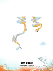 1ST XULIE "Juicy Flight" Asymmetrical Paper Plane Ear Climber Earrings in Platinum Plated - On Model