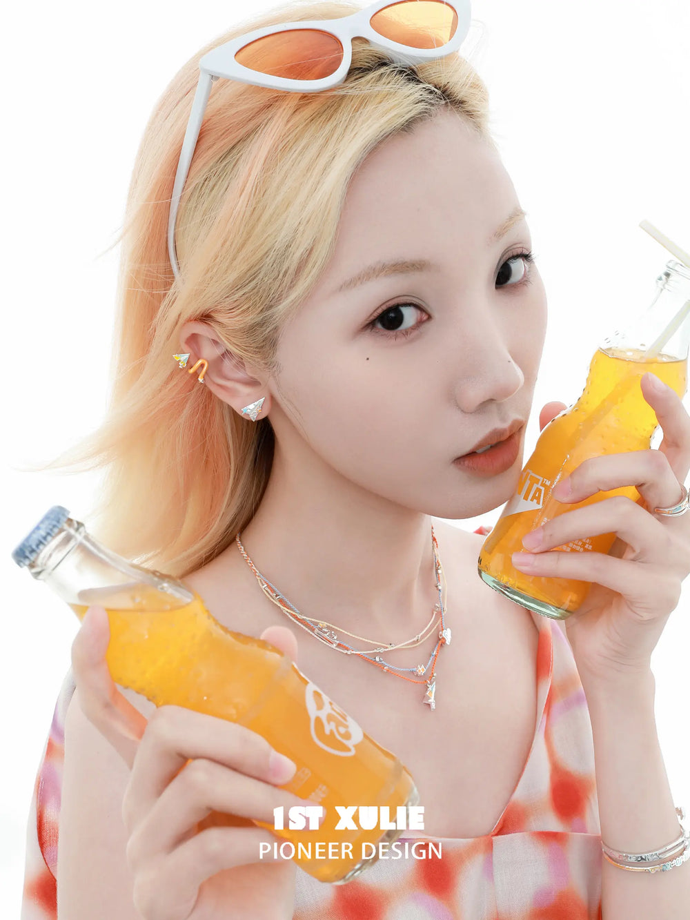 1ST XULIE "Juicy Flight" Asymmetrical Paper Plane Ear Climber Earrings in Platinum Plated - On Model Full Look