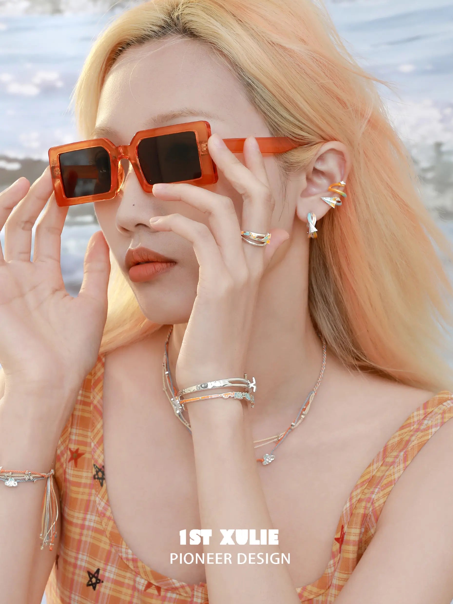 1ST XULIE "Juicy Flight" Asymmetrical Paper Plane Ear Climber Earrings in Platinum Plated - On Model Side Profile