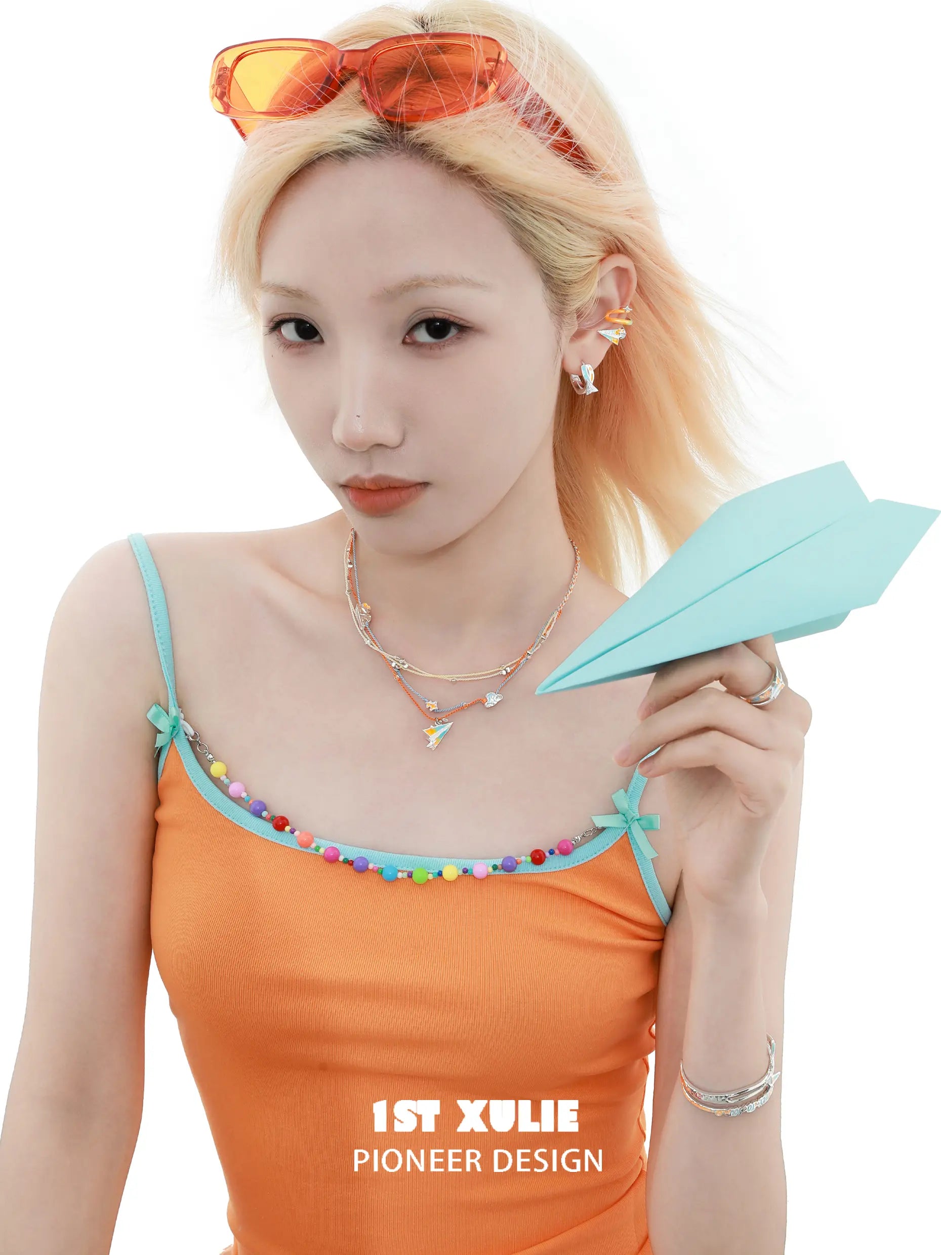 1ST XULIE "Juicy Flight" Asymmetrical Paper Plane Ear Climber Earrings in Platinum Plated - Full Product View