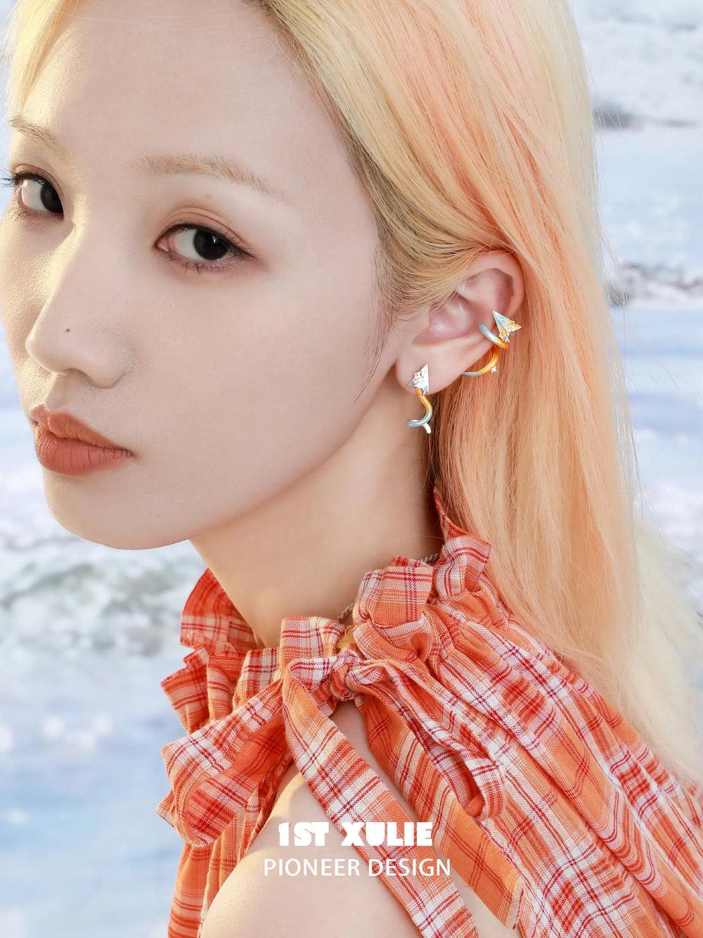 1ST XULIE "Juicy Flight" Asymmetrical Paper Plane Ear Climber Earrings in Platinum Plated - Texture Detail