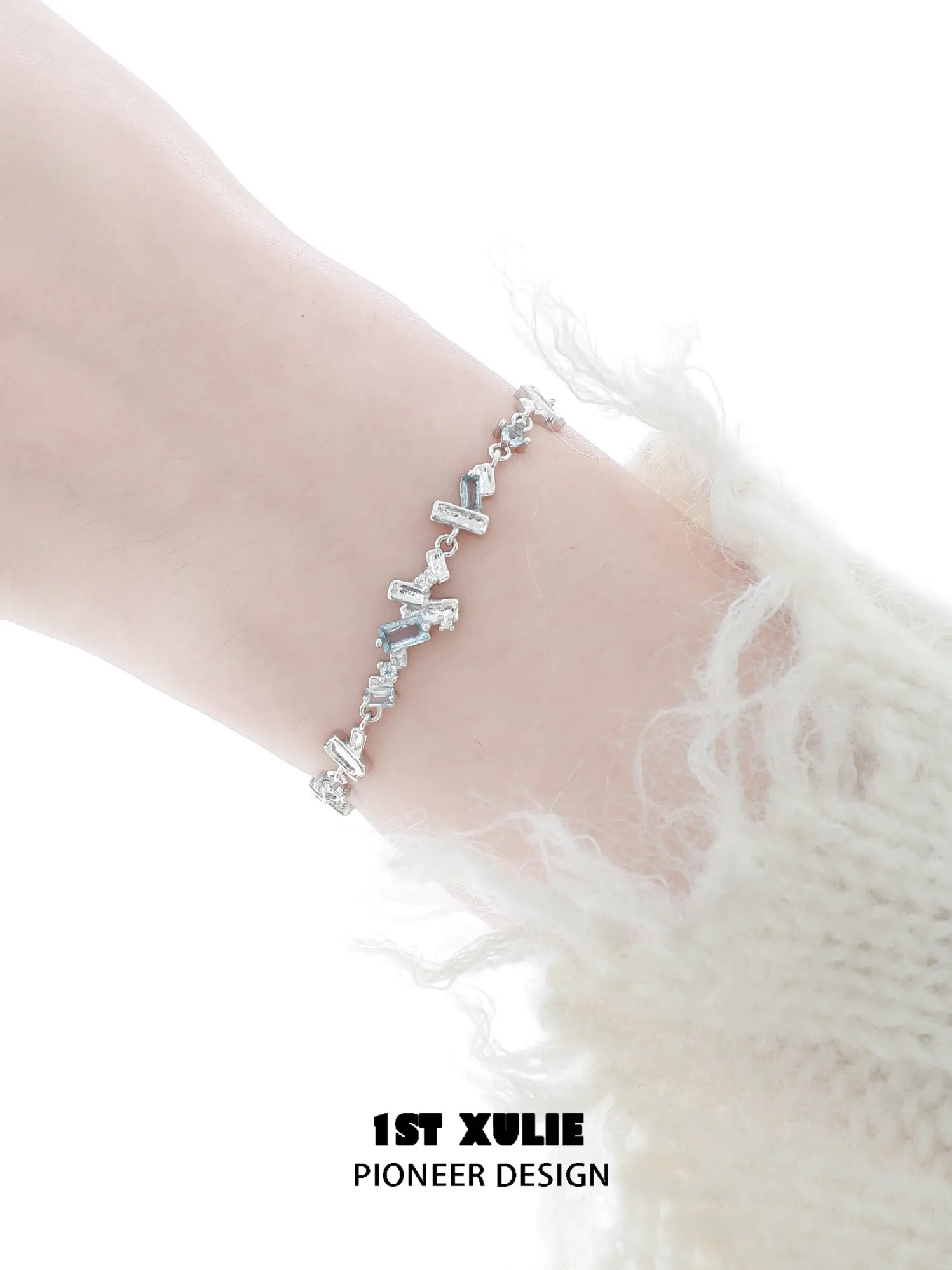 1ST XULIE Jewelry "THE SEA" Azure Zirconia Sea Realm Slider Bracelet - Detail Shot