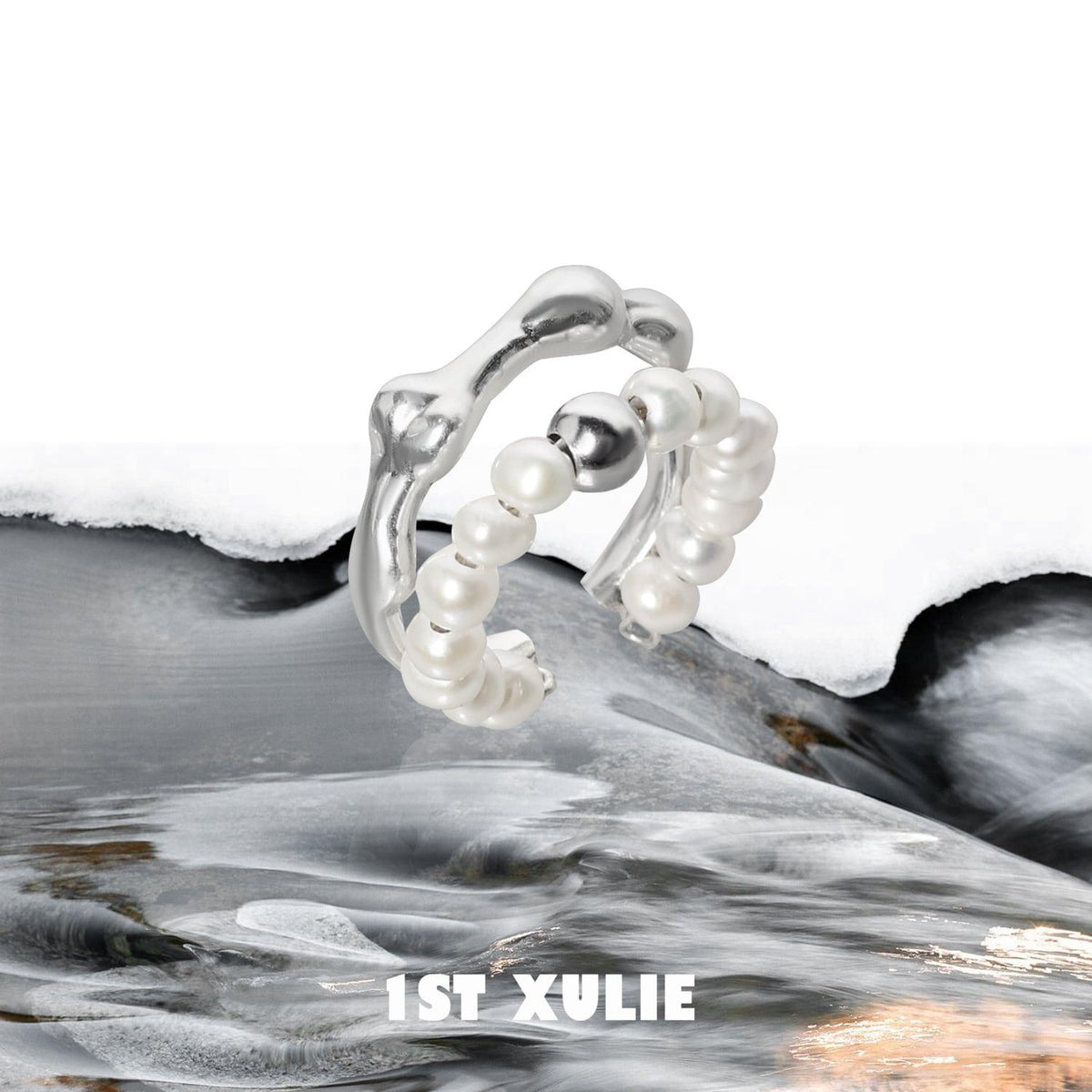 1ST XULIE "Tears of Mermaid" Statement Baroque Pearl Adjustable Open Ring in 925 Sterling Silver - Product View