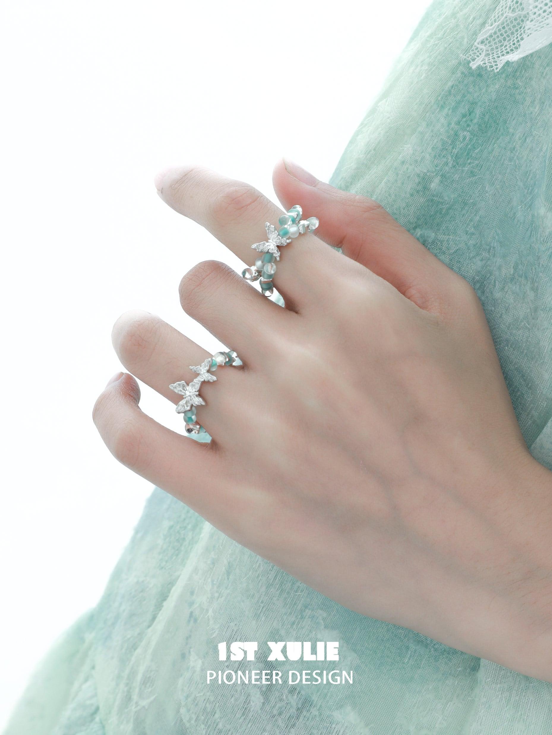 1ST XULIE "Whiterfly" Beaded Butterfly Stacking Ring in 925 Sterling Silver - On Model Style View
