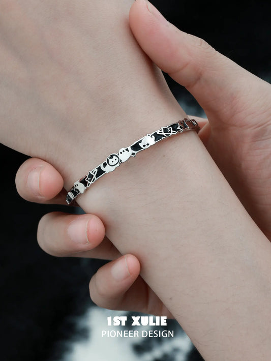 1ST XULIE "Ghosts" Whimsical Black Cat Charm Bangle Bracelet in 925 Sterling Silver - On Model