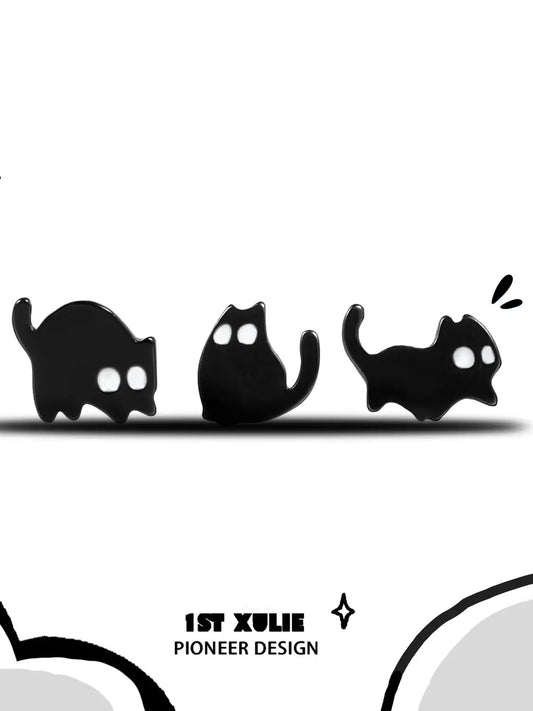 1ST XULIE "Ghosts Cat" Black Cat Stud Earrings in 925 Sterling Silver - Product View
