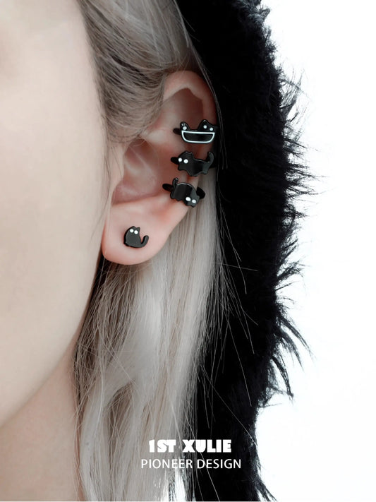 1ST XULIE "Ghosts Cat" Black Cat Stud Earrings in 925 Sterling Silver - On Model Close-Up
