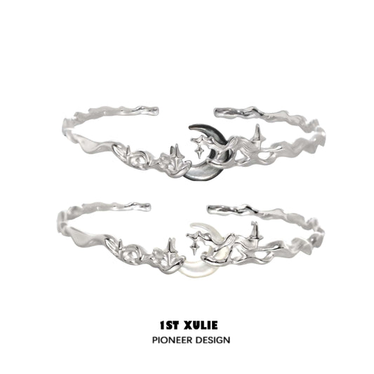 1ST XULIE "MYTH OF THE MOON" Statement Black Mother-of-Pearl Moon Cuff Bracelet in 24K Gold Plated 925 Sterling Silver - Product View