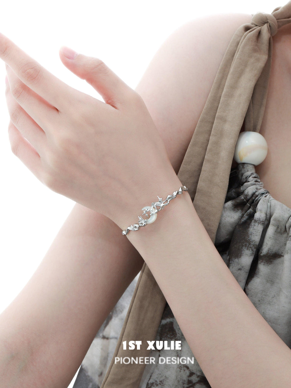 1ST XULIE "MYTH OF THE MOON" Statement Black Mother-of-Pearl Moon Cuff Bracelet in 24K Gold Plated 925 Sterling Silver - On Model Close-Up