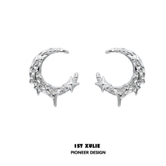 1ST XULIE "MYTH OF THE MOON" Celestial Black Mother-of-pearl Statement Moon Earrings in Platinum Plated - On Model