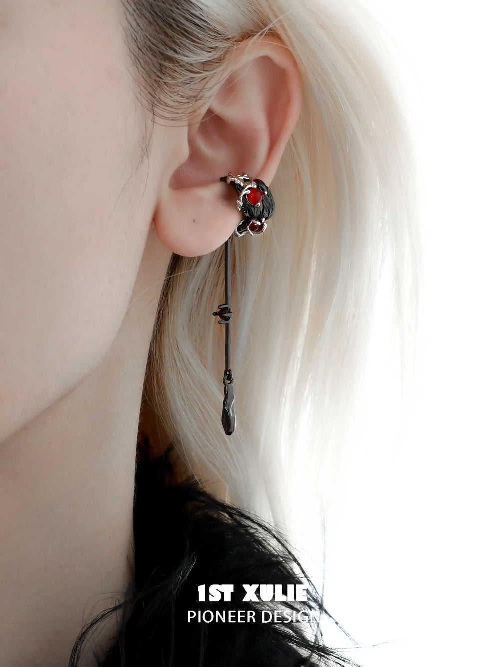 1ST XULIE "Lucifer" Black Swan Feather Ear Clips in Black Gold Plated - On Model