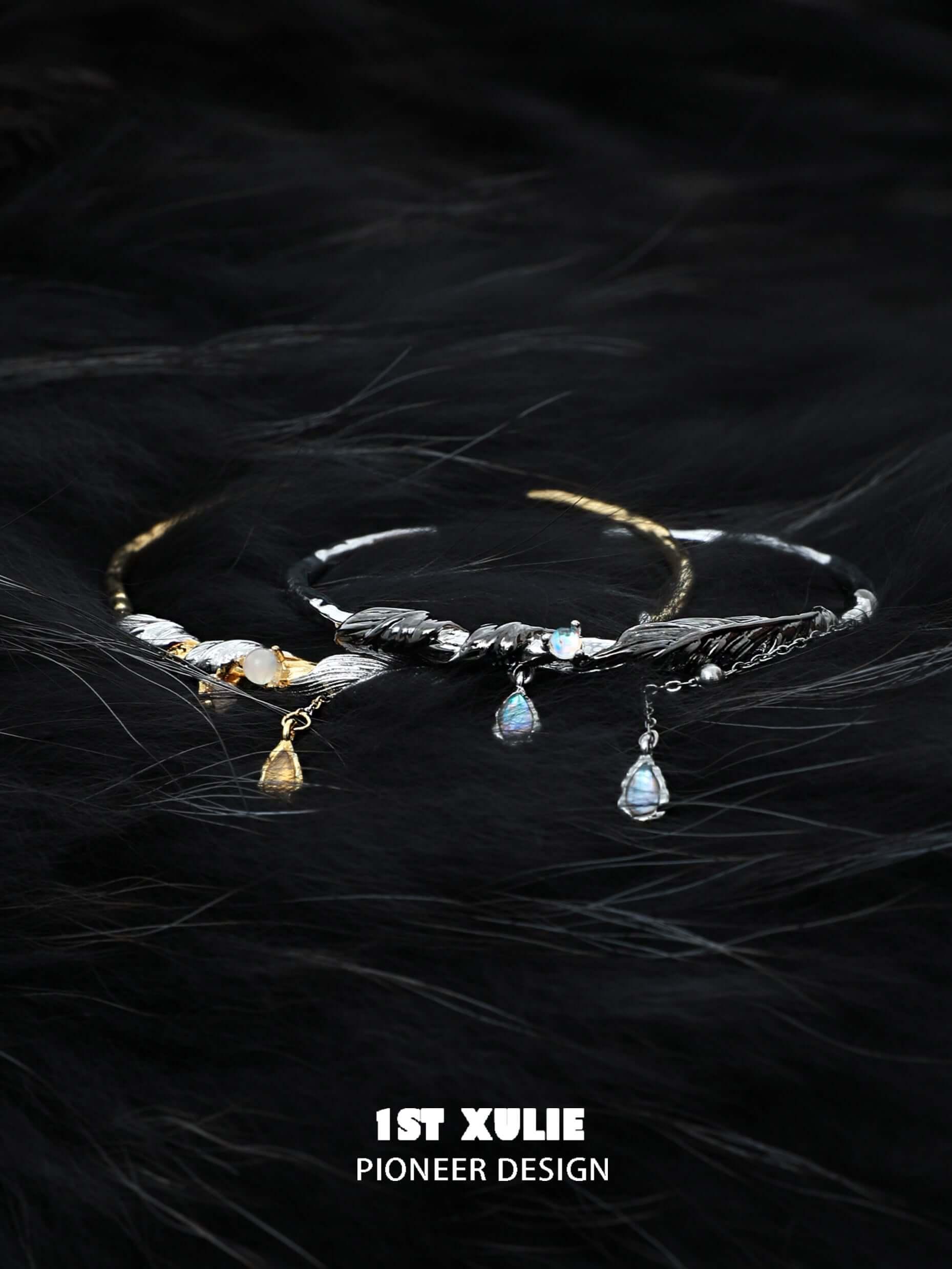 1ST XULIE "Lucifer" Platinum Plated Black Swan Wing Statement Cuff Bangle in Platinum Plated - Side View