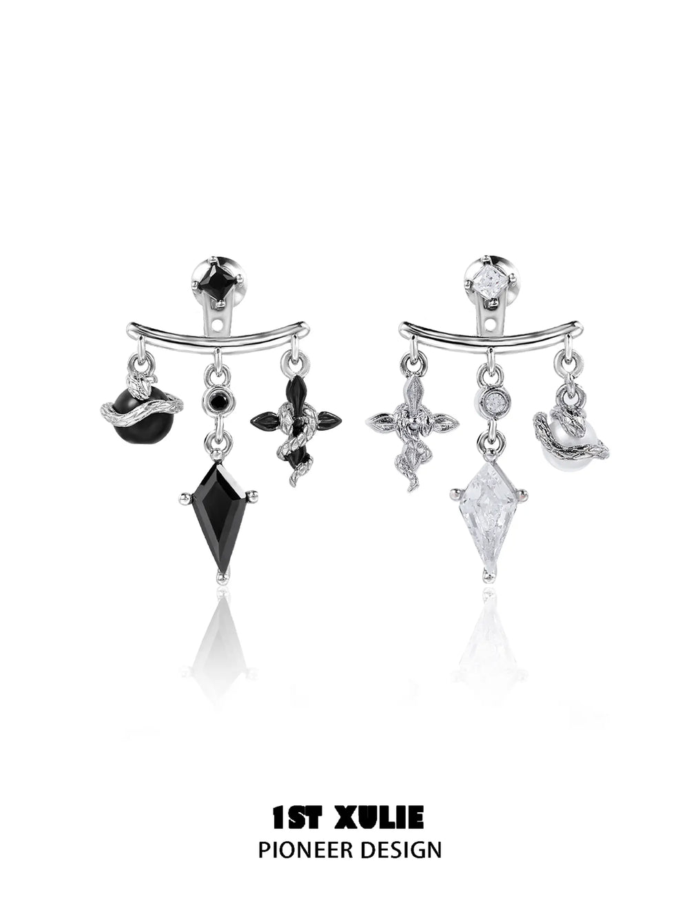 1ST XULIE "Snake Bite" Statement Black and White Serpent Stud Earrings in Platinum Plated - Detail Shot
