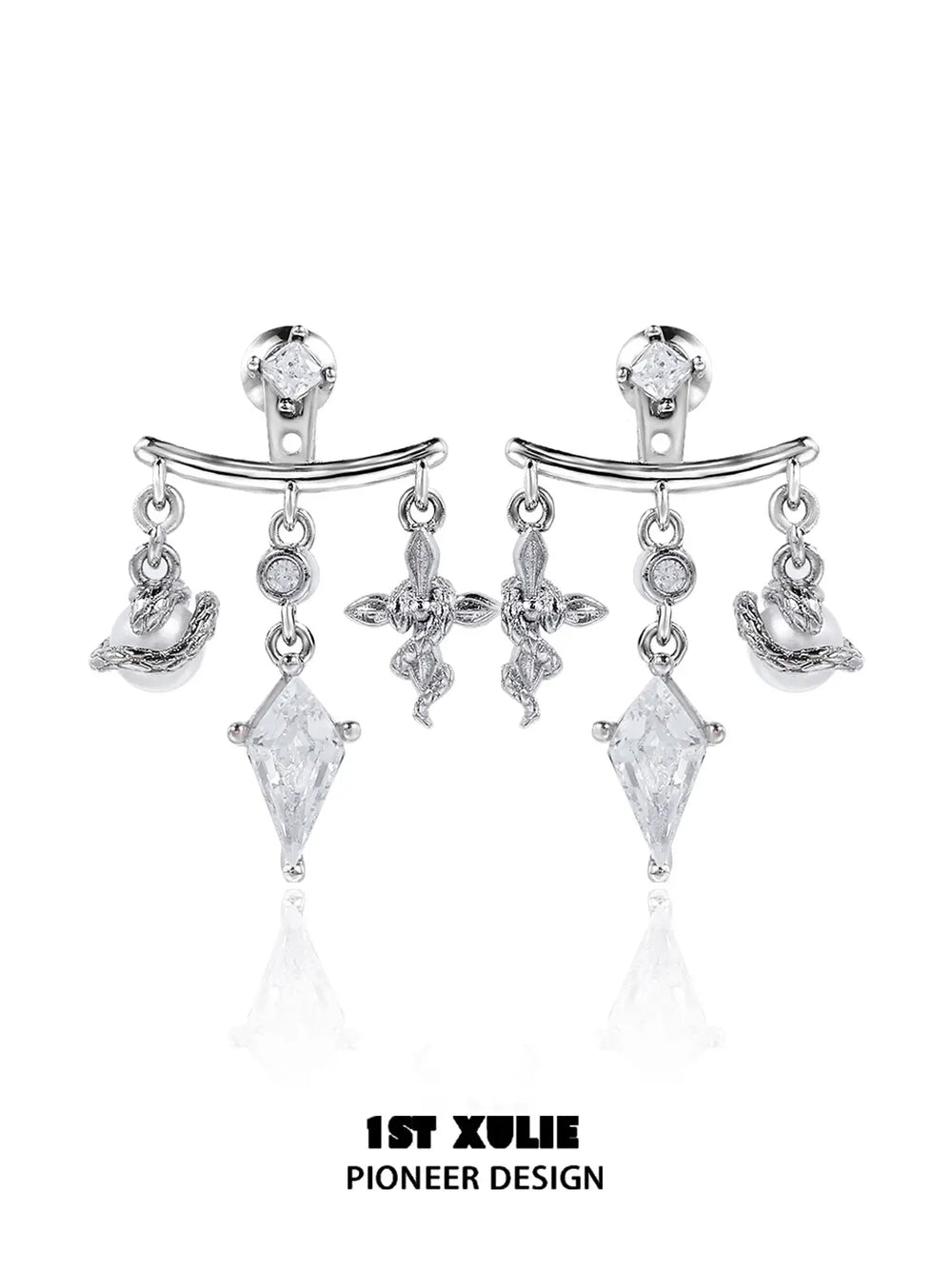 1ST XULIE "Snake Bite" Statement Black and White Serpent Stud Earrings in Platinum Plated - Packaging View