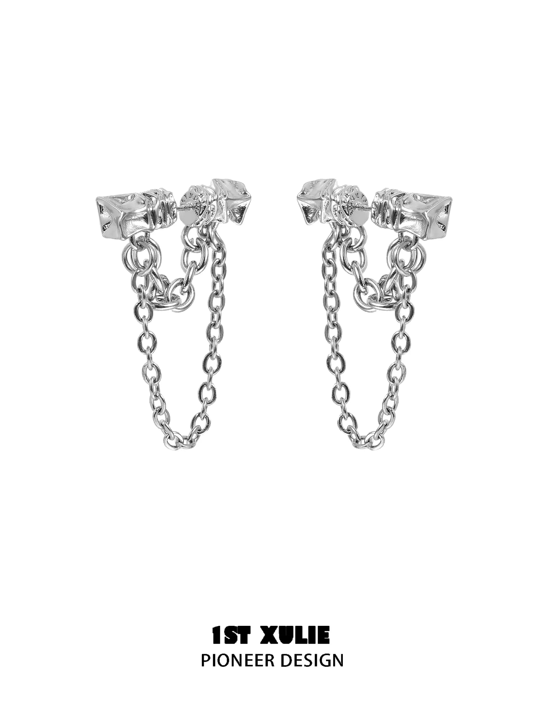 1ST XULIE "Silver Angel" Modern Geometric Block Chain Dangle Earrings in Platinum Plated Brass - Detail Shot