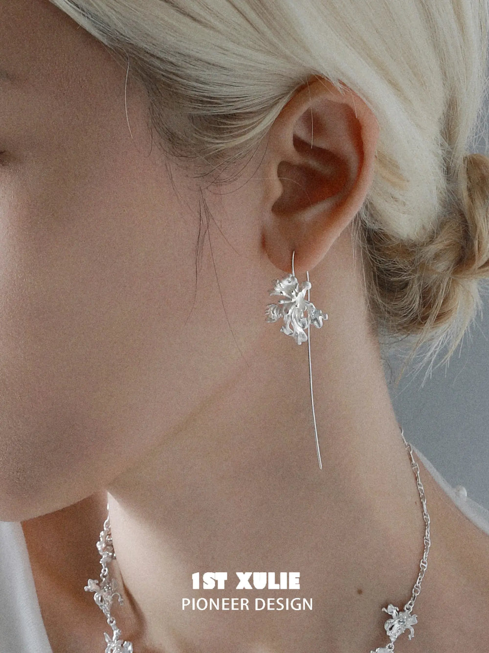 1ST XULIE Jewelry "Irises" Blue Iris Dangle Earrings in Silver Plated - On Model