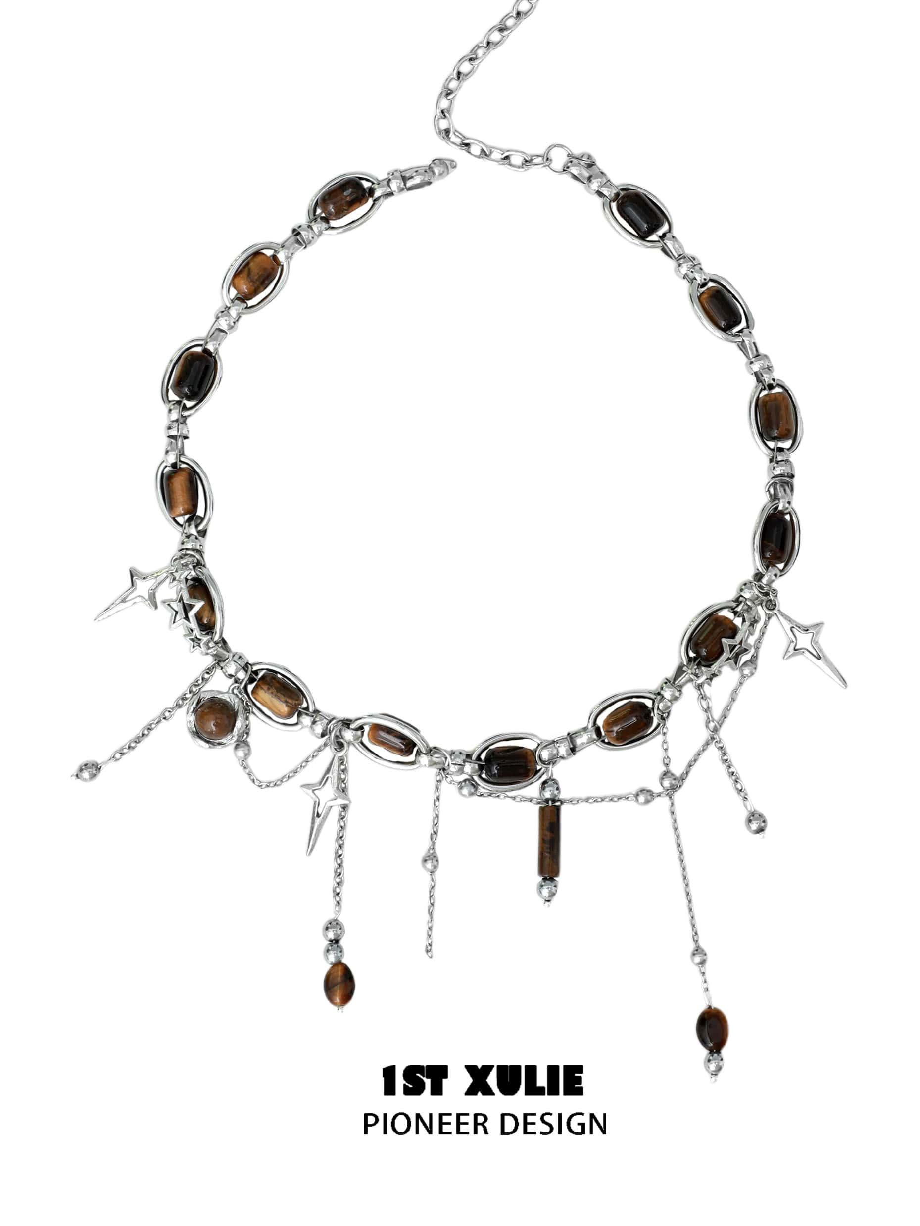 1ST XULIE "Desert Sunset" Boho Tiger Eye Tassel Necklace in 18K Gold Plated Brass - Stone Texture Detail