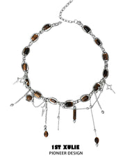 1ST XULIE "Desert Sunset" Boho Tiger Eye Tassel Necklace in 18K Gold Plated Brass - Stone Texture Detail