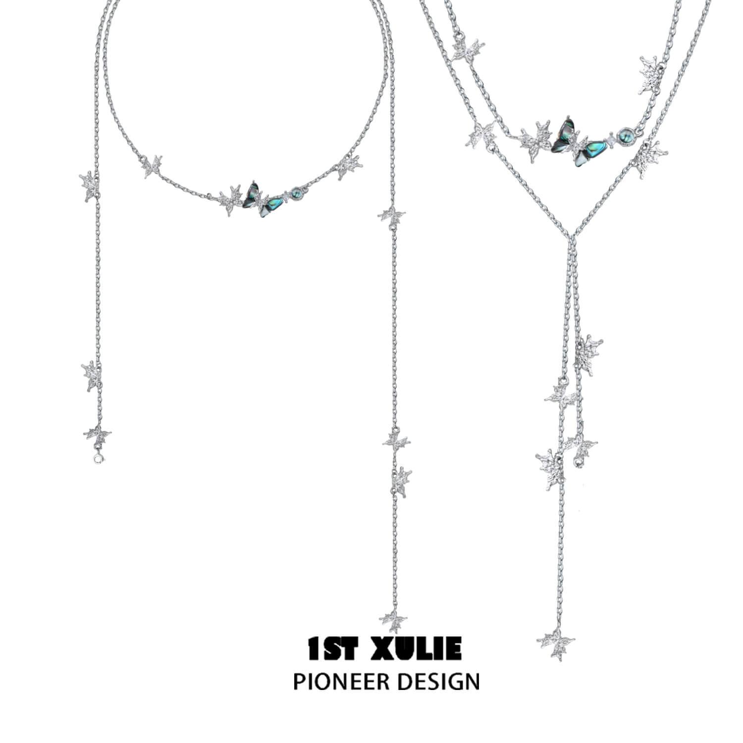 1ST XULIE "Butterfly Wasteland" Butterfly Abalone Tassel Necklace in Platinum Plated - Detail Shot
