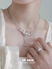 1ST XULIE "Whiterfly" Elegant Butterfly Chalcedony Pendant Necklace in 24K Gold Plated 925 Silver - On Model