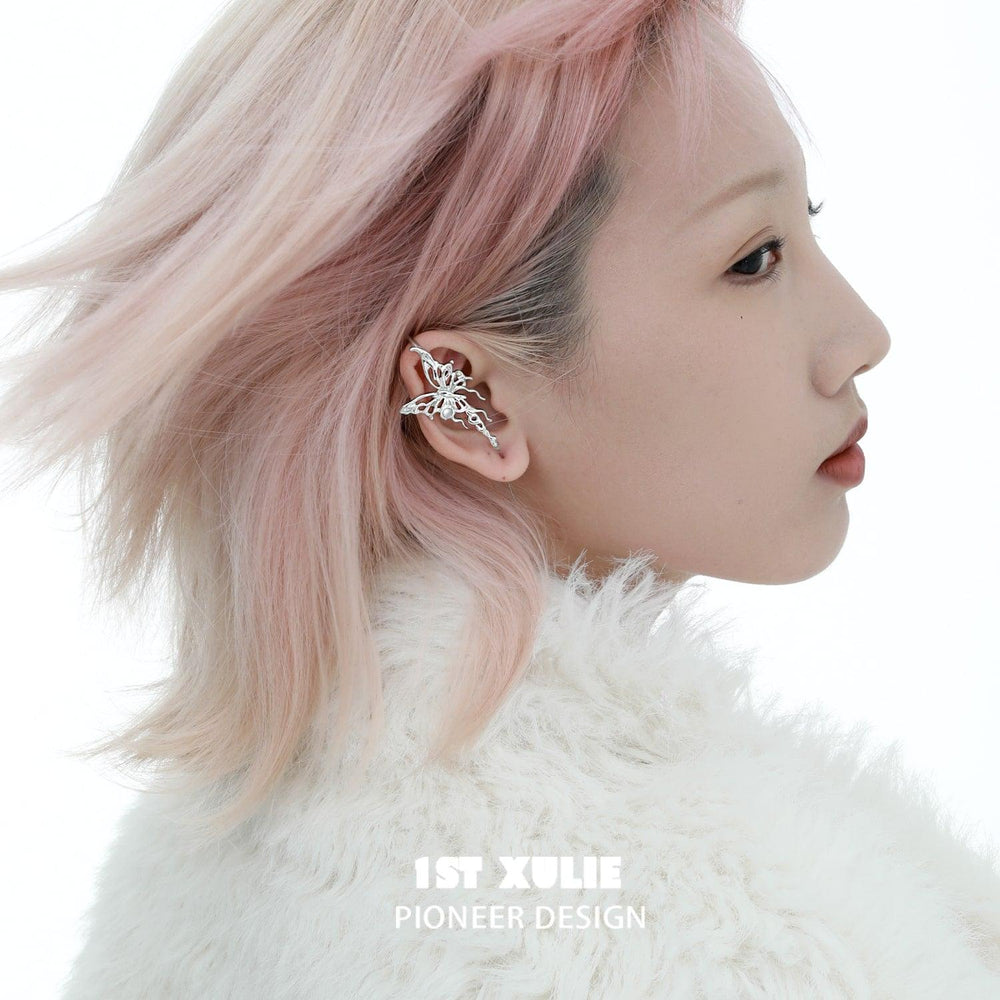 1ST XULIE "Whiterfly" Butterfly Dangle Needle Piercing Earrings in Platinum Plated - Lifestyle Shot