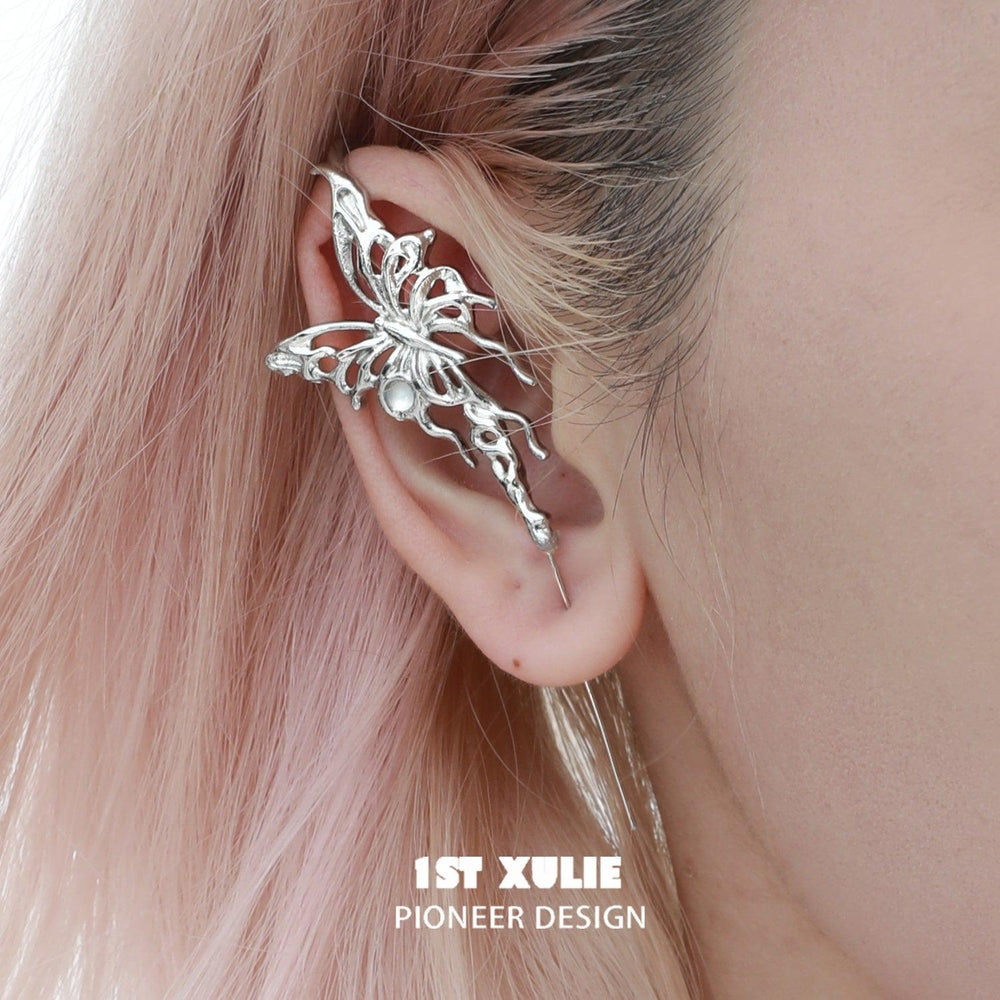 1ST XULIE "Whiterfly" Butterfly Dangle Needle Piercing Earrings in Platinum Plated - On Model Close-Up